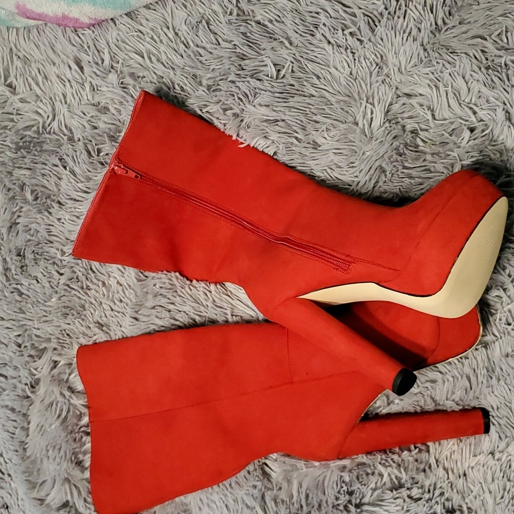 Lipstick red suede mid calf boots with zipper closure new no tags size 7.5